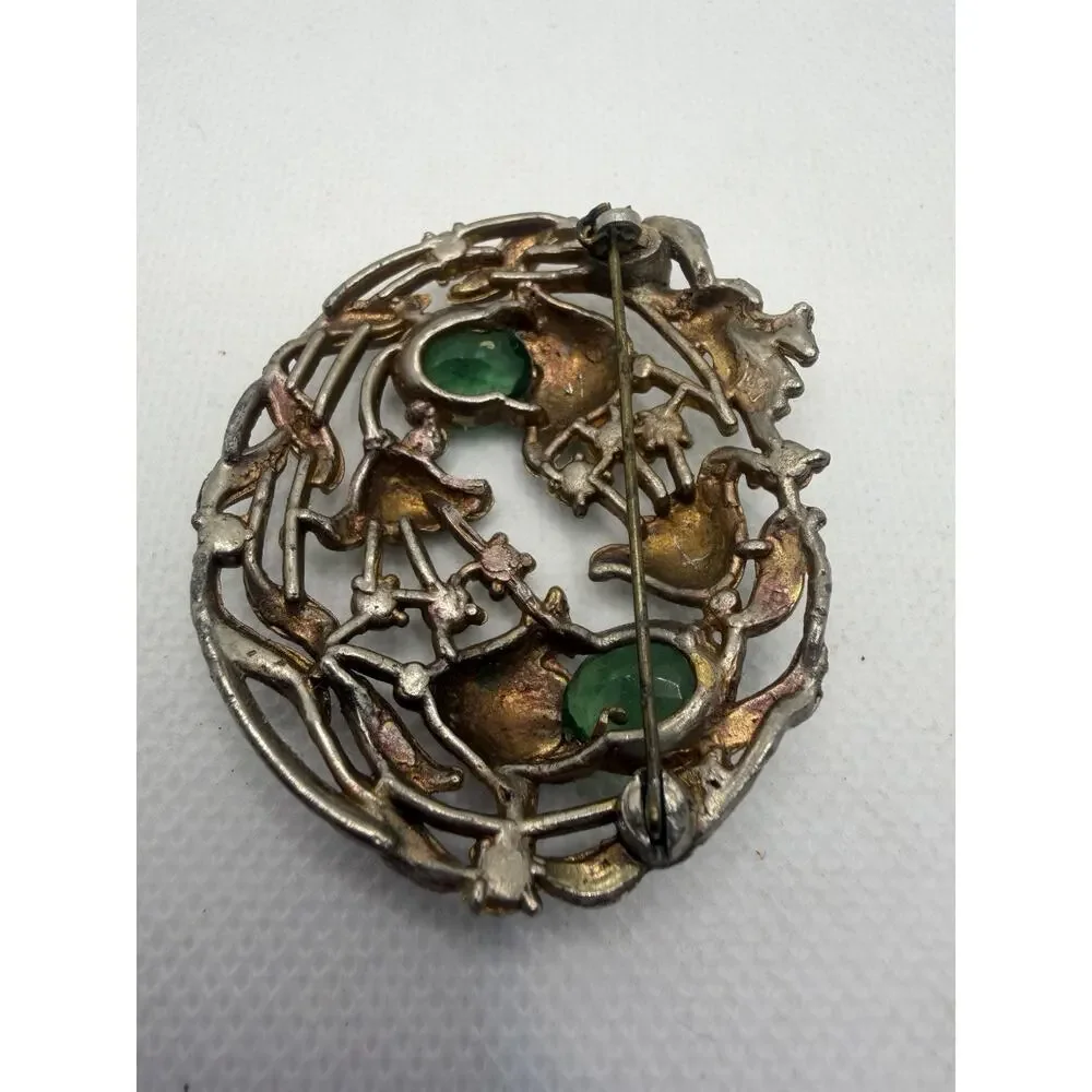 Gorgeous Silver Tone Antique Brooch, Art Nouveau Flowers W/ Green Gemstones